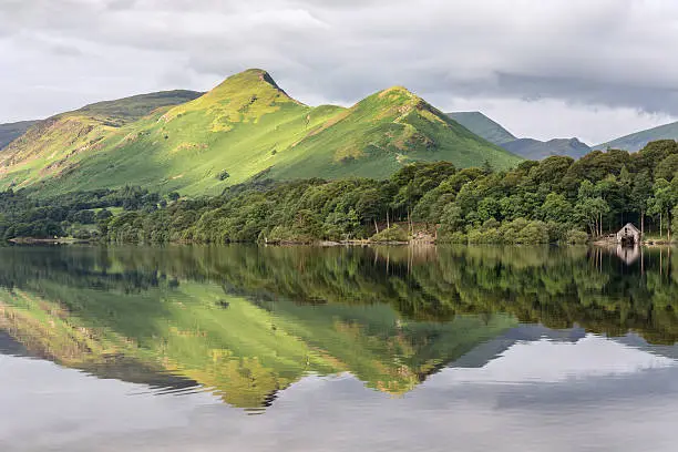 A scenic view of one the Lake District's favourite views at Derwentwater, Keswick. The image features Catbells mountain, reflected in calm still water.