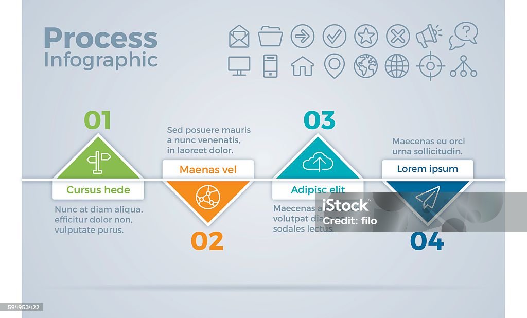 Process Timeline Steps Infographic Timeline line infographic concept with space for your content. EPS 10 file. Transparency effects used on highlight elements. Two Objects stock vector