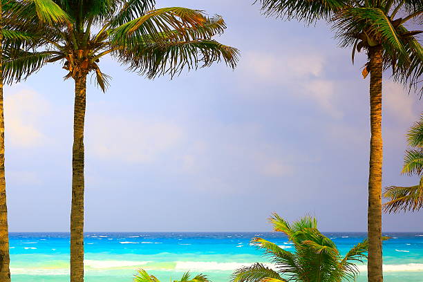 Close-up of colorful tropical beach house architecture in Mayan Riviera, Mexico, Caribbean.