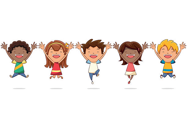 점프하는 아이들의 그룹 - child jumping white background small stock illustrations