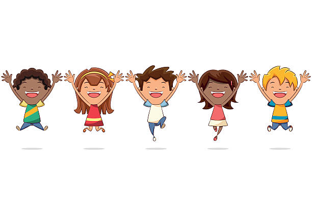 grupa dzieci skaczących - child jumping white background small stock illustrations