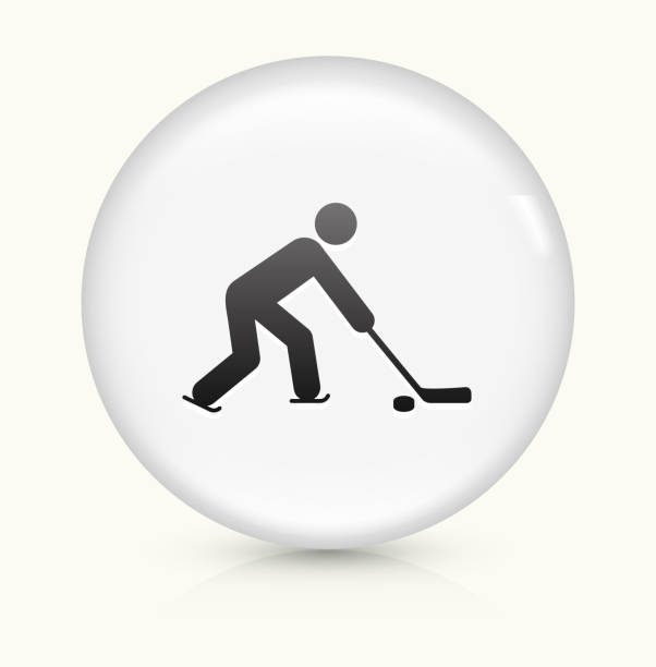 хоккей игрок икона на белый круглый вектор кнопки - ice hockey hockey stick field hockey roller hockey stock illustrations