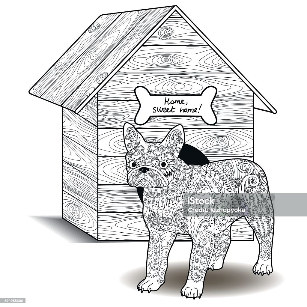Bulldog standing in front of the doghouse. Dog standing in front of the doghouse. Adult antistress coloring page with french bulldog. Black and white animal zendoodle. Vector Adult stock vector