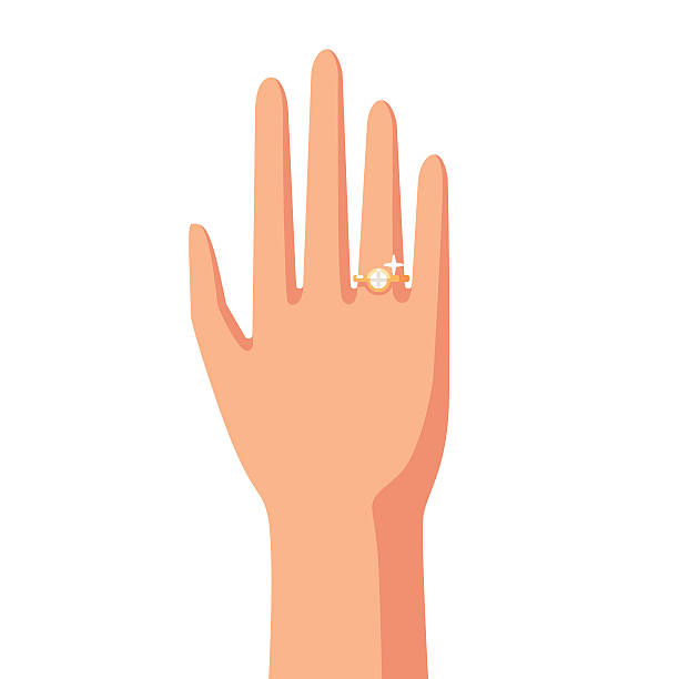 Cartoon hand with ring Cartoon hand with ring. Woman showing the ring with diamond. She is engaged. Diamond ring on a finger. Wedding concept. Save the date. Vector illustration on white background. engagement ring cartoon ring human hand stock illustrations
