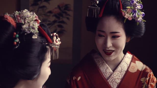 Geisha Maiko Together Indoor by Window Slow Motion 4K