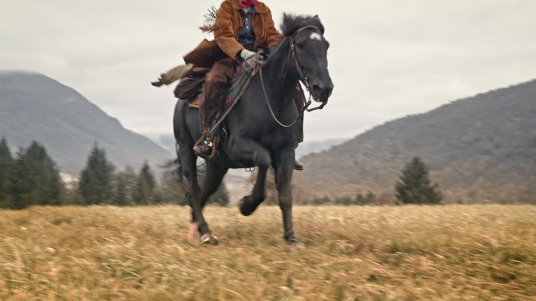 SLO MO Cowgirl riding a galloping horse across meadow