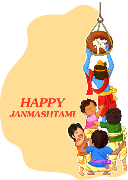 Krishna with friends playing dahi handi in Janmashtami vector illustration of Krishna with friends playing dahi handi in Janmashtami mahabharata stock illustrations