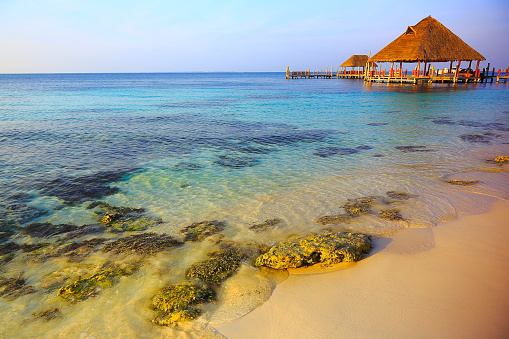 Rustic dock, Palapa - idyllic beach sunset – Cancun, Mexican caribbean