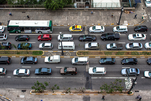 Sao Paulo, Brazil, August 02, 2016. Aerilal View of Traffic jam in Jaceguai Viaducy, downtown Sao Paulo