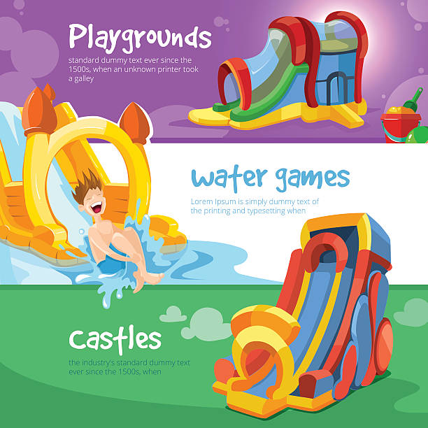ilustrações de stock, clip art, desenhos animados e ícones de insufláveis, castelos e montanhas no parque infantil para crianças - bouncer