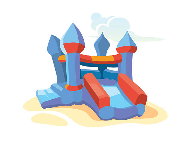 ilustrações de stock, clip art, desenhos animados e ícones de ilustração vetorial de insufláveis, castelos e crianças no parque infantil colinas - inflatable child playground leisure games