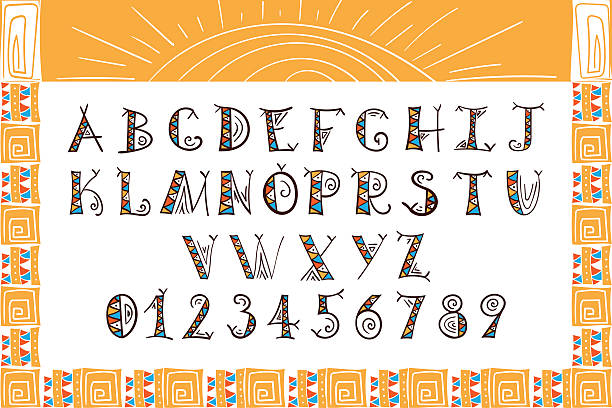 Tribal font vector. African, Mexican or Aztec style letters. Tribal alphabet. Ethnic font vector. African, Mexican or Aztec style letters. Hand drawn tribal boho font indigenous american culture stock illustrations