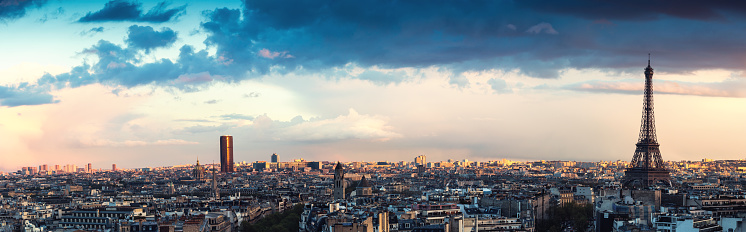 Paris panorama with Eiffel Tower at sunset (Paris, France).