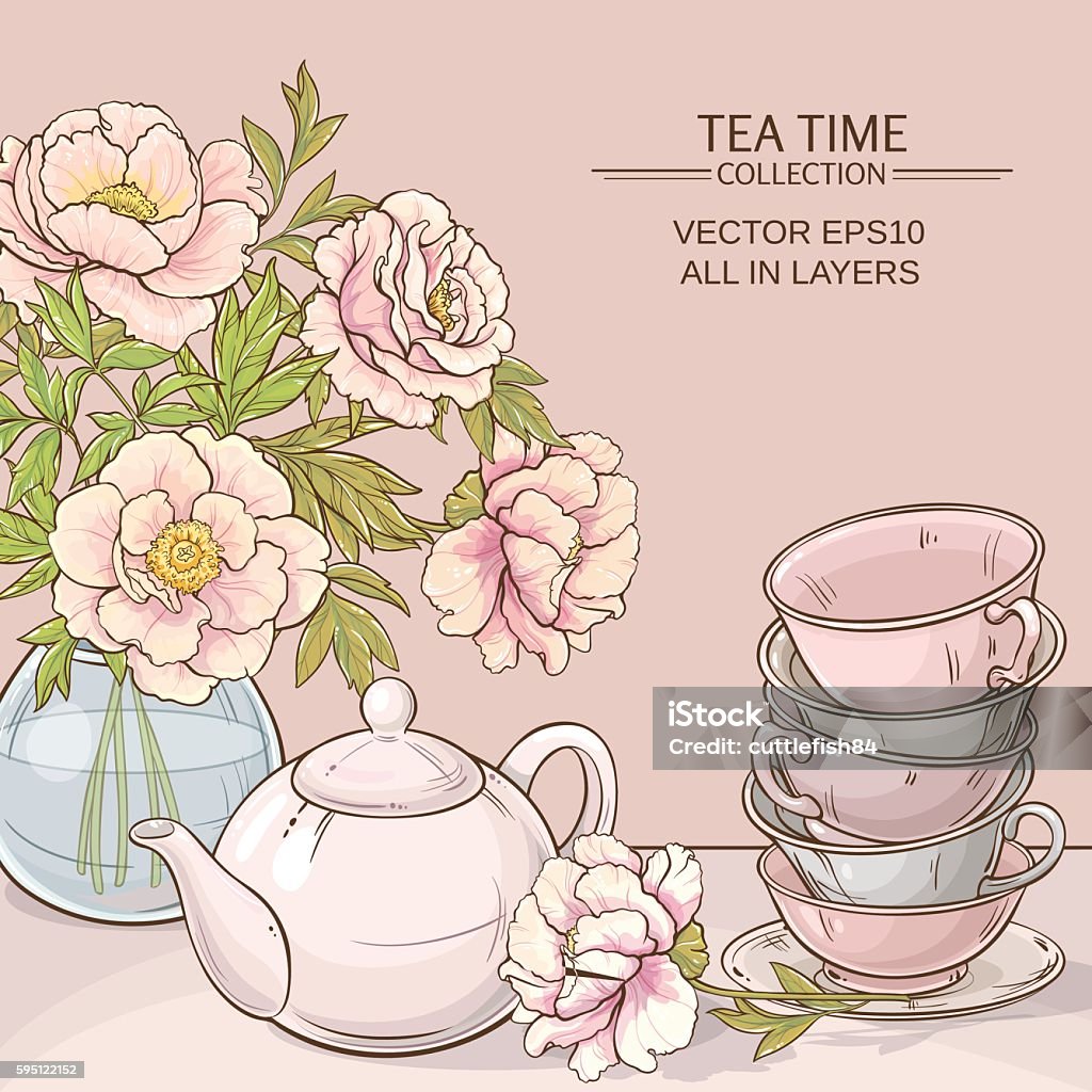 tea time color Illustration with cups, teapot and peonies  on color background Tea Party stock vector