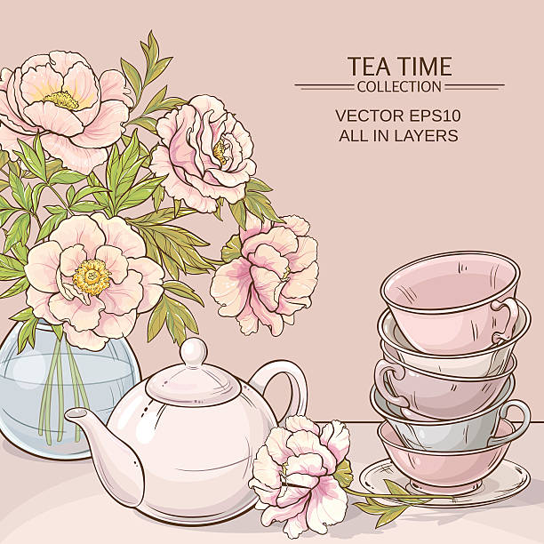 tea time color Illustration with cups, teapot and peonies  on color background tea set stock illustrations