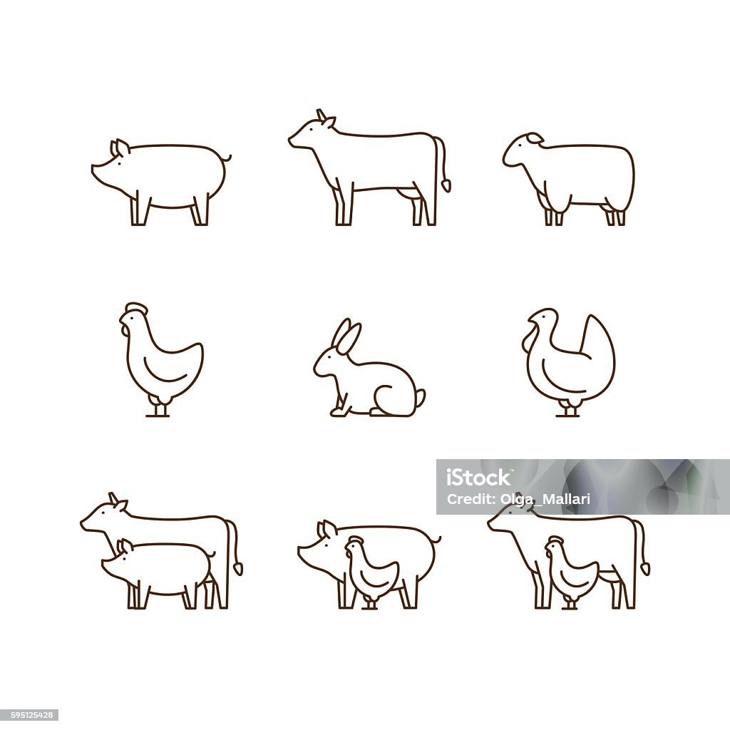 Farm animal outline icon set. Farm animal outline icon set. Pig, cow, lamb, chicken, turkey, rabbit. Icon for butcher shop. Vector illustration. Pig stock vector