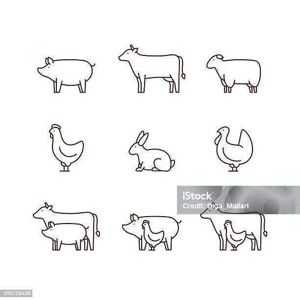 Farm Animal Outline Icon Set Stock Illustration - Download Image Now - Pig, Cow, Chicken - Bird