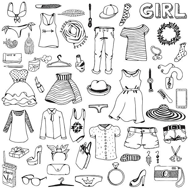 illustrazioni stock, clip art, cartoni animati e icone di tendenza di abbigliamento e accessori donna. doodle disegnato a mano. - women shoe fashion dress