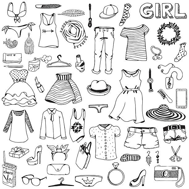 Women clothes and accessories. Hand drawn doodle set. Women clothes and accessories. Hand drawn doodle set. fashion illustration stock illustrations