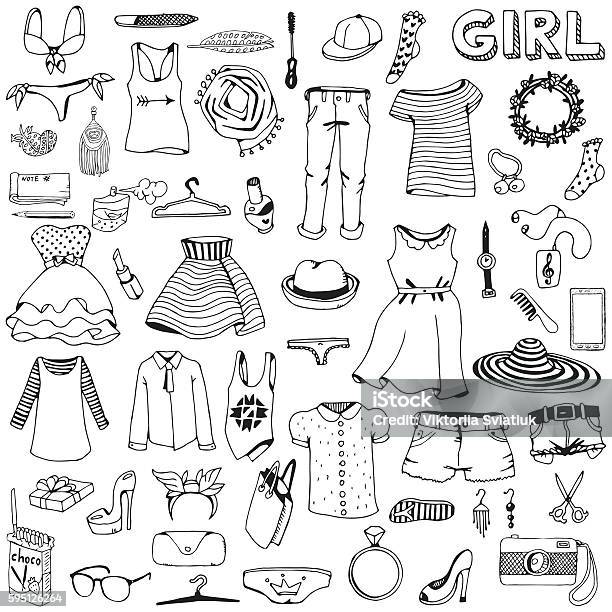 Women Clothes And Accessories Hand Drawn Doodle Set Stock Illustration - Download Image Now