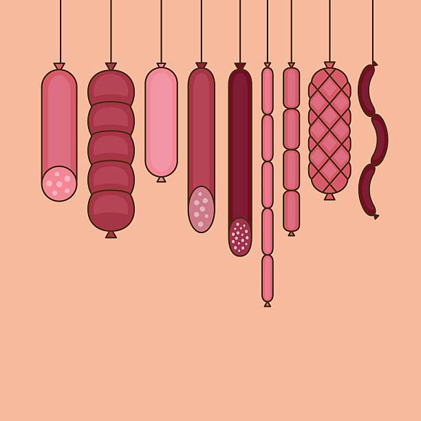 illustrazioni stock, clip art, cartoni animati e icone di tendenza di collezione salsicce. set di icone di varie salsicce e prodotti a base di carne. - sausage white background dried sausage isolated on white