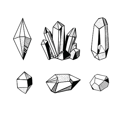 hand drawn crystals set, black and white vector illustration with crystals and gems and minerals