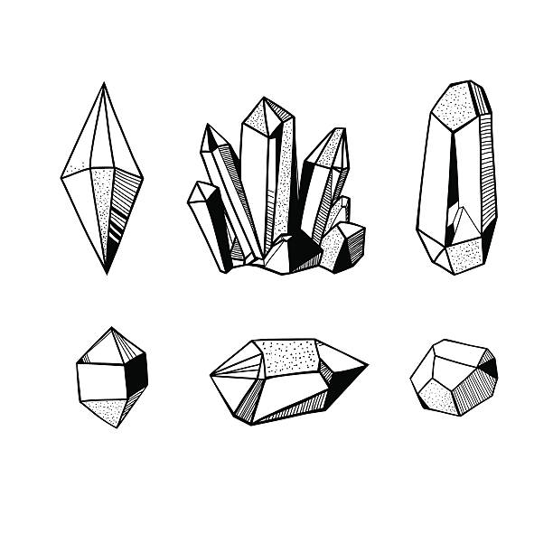 black and white crystals and minerals hand drawn crystals set, black and white vector illustration with crystals and gems and minerals harmonia stock illustrations