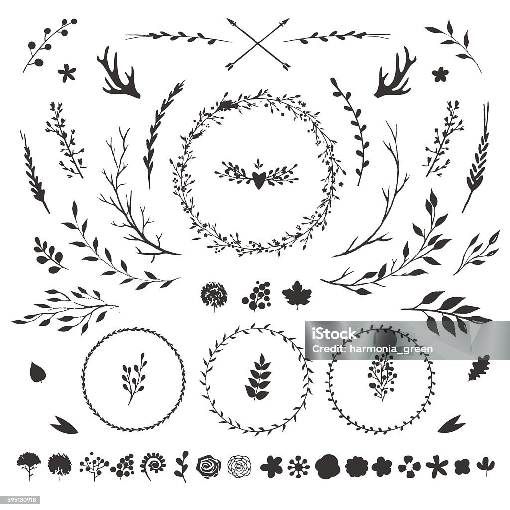 floral elements isolated on white vector set with rustic floral elements isolated on white: flowers, leaves, berries, branches and other hand drawn decorative elements Wreath stock vector