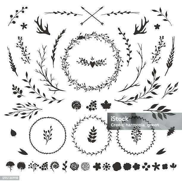 Floral Elements Isolated On White Stock Illustration - Download Image Now - Wreath, Flower, Leaf