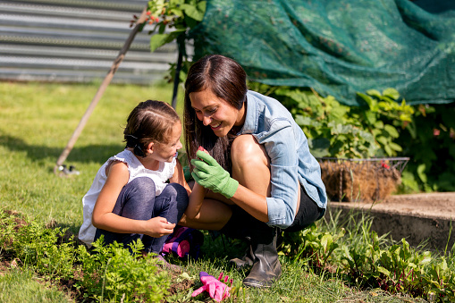 Mother and daughter gardening and planting together outdoors