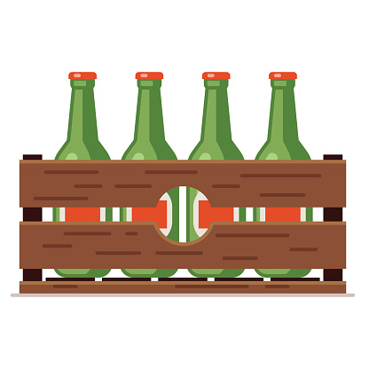 Wooden crate with beer bottles. Pack of beer icon. Vector flat illustration isolated on white background