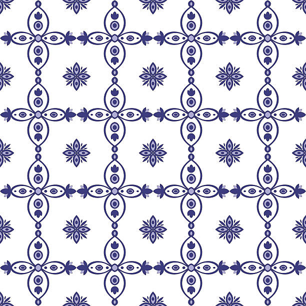 Traditional seamless tile pattern with Portuguese azulejos. Traditional seamless tile pattern with Portuguese azulejos. White and blue azulejo pattern design vector. mexican tile cross stock illustrations