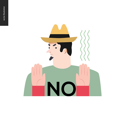Refusing man. Flat vector cartoon illustration of a man wearing a yellow hat, t-shirt with a sign NO and beard, refusing of something, showing two palms,