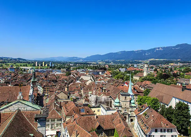 View on the city of Solothurn from the tower of the St. Ursus Cathedral.