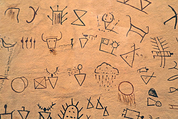 istock Ancient Indian symbols drawn on a piece of cured leather. 595153116