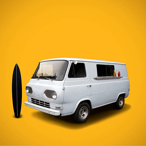 White fast food truck on yellow background template