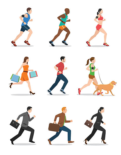 illustrazioni stock, clip art, cartoni animati e icone di tendenza di illustrazione di uomini e donne che corrono - running