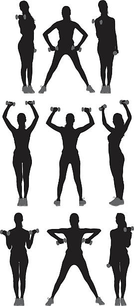 Sports woman exercising with dumbbells Sports woman exercising with dumbbellshttp://www.twodozendesign.info/i/1.png dumbbell silhouette stock illustrations
