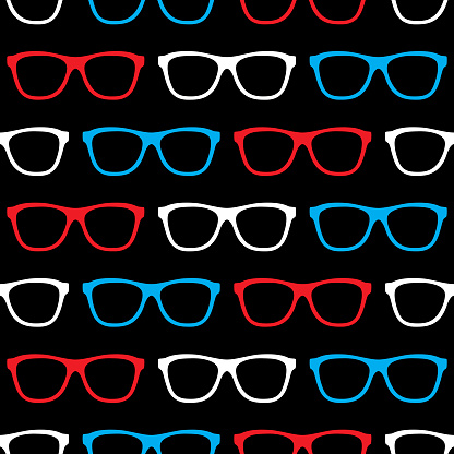 Vector illustration of red, white and blue glasses on a black background in a repeating pattern.