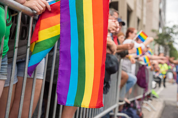 гей радуги флаги в монреале гей-парад - lesbian gay man rainbow multi colored стоковые фото и изображения