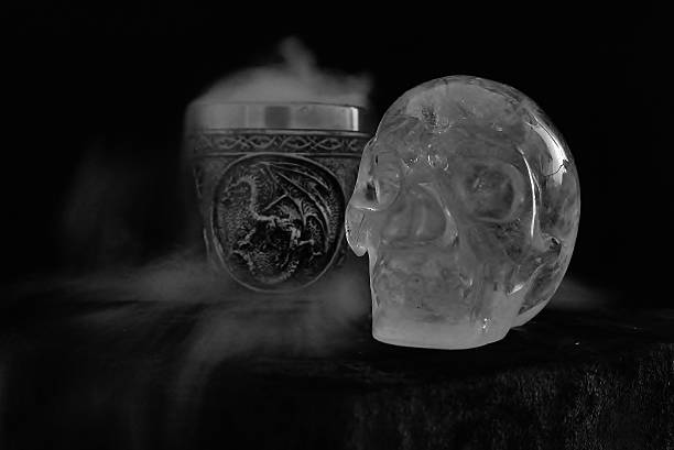 istock Crystal skull with small goblet of dry ice 595317680