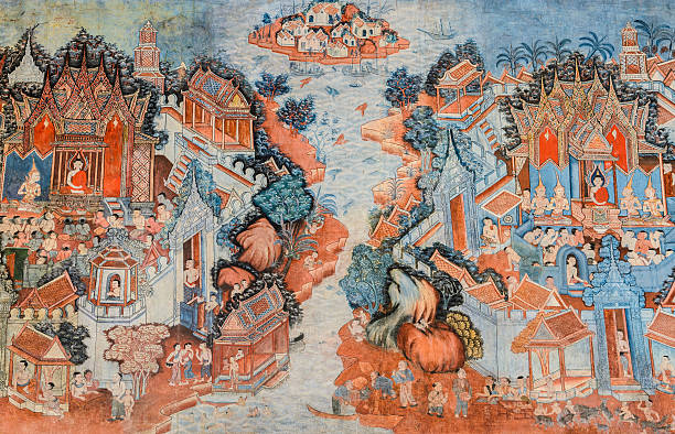 istock Ancient Buddhist temple mural painting in Thailand 595318704