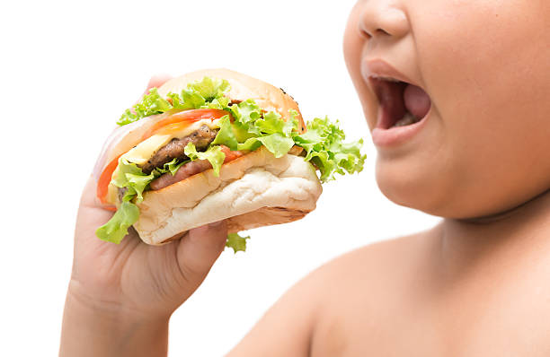 肥満脂肪少年の手にハンバーガー - overweight child eating hamburger ストックフォトと画像