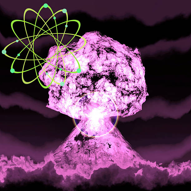 esplosione nucleare con simbolo di rendering 3d dell'energia atomica - judgement day sky burning red foto e immagini stock