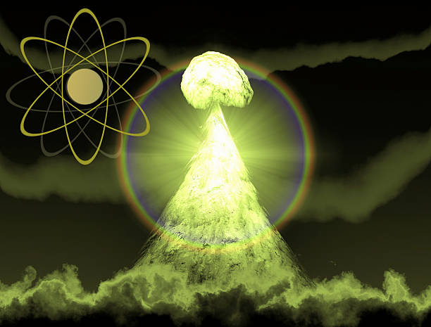 explosão nuclear com símbolo de energia atômica renderização 3d - judgement day sky burning red - fotografias e filmes do acervo