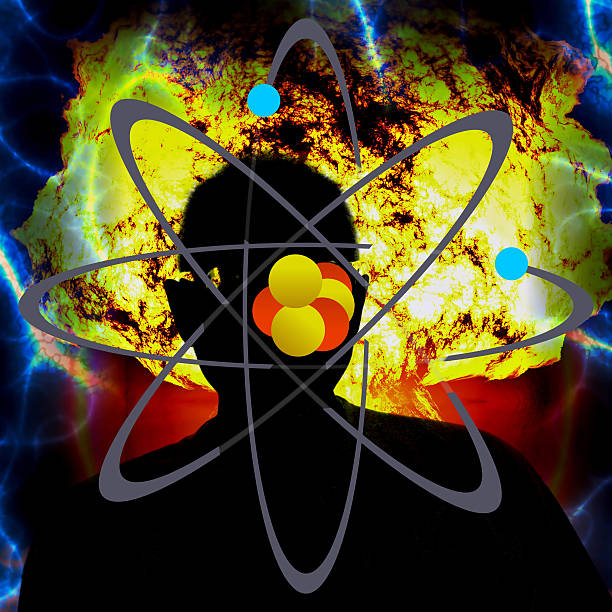 esplosione nucleare con simbolo di rendering 3d dell'energia atomica - judgement day sky burning red foto e immagini stock