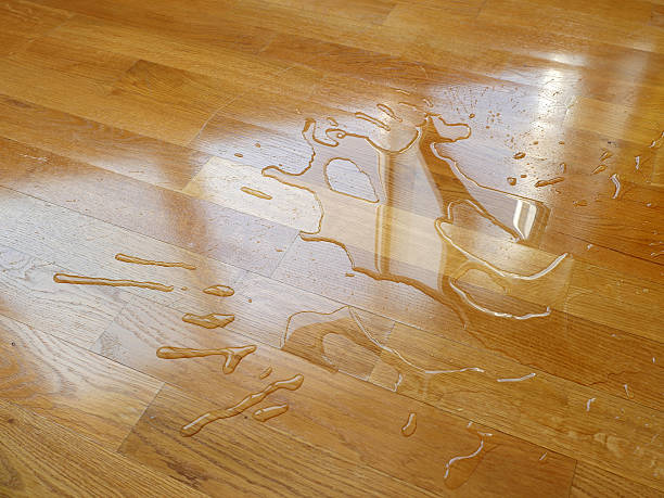 istock Parquet. Water drops on wooden surface. 595322594