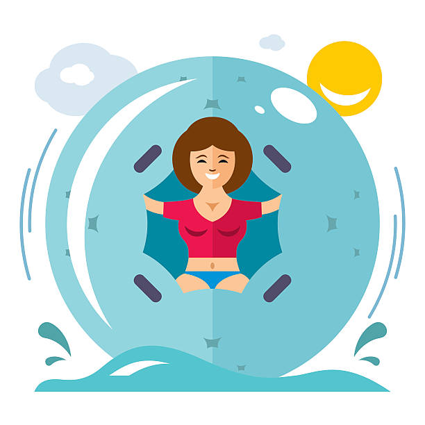 Vector Water Zorbing Concept. Flat style colorful Cartoon illustration. Young girl playing inside a floating walking ball. Isolated on a white background zorb ball stock illustrations