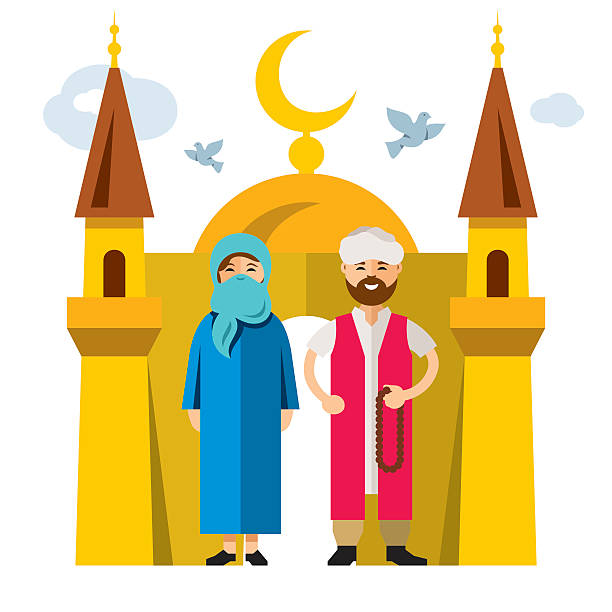 Vector Muslim family and Islam. Flat style colorful Cartoon illustration. Man and woman standing at the mosque. Isolated on a white background i love allah in arabic silhouettes stock illustrations
