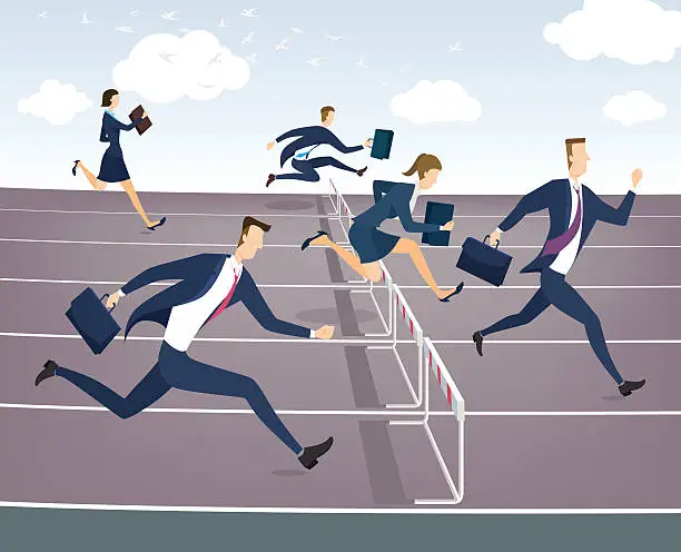 Vector illustration of Cartoon character, Businessman and businesswoman jumping over hurdles